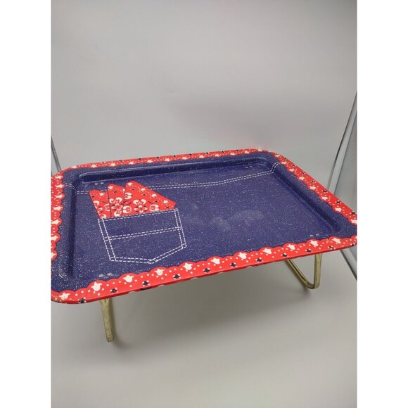 Vintage Denim Blue Jeans Red Bandana Rectangular Folding Metal Tin TV Tray, READ - Picture 1 of 16